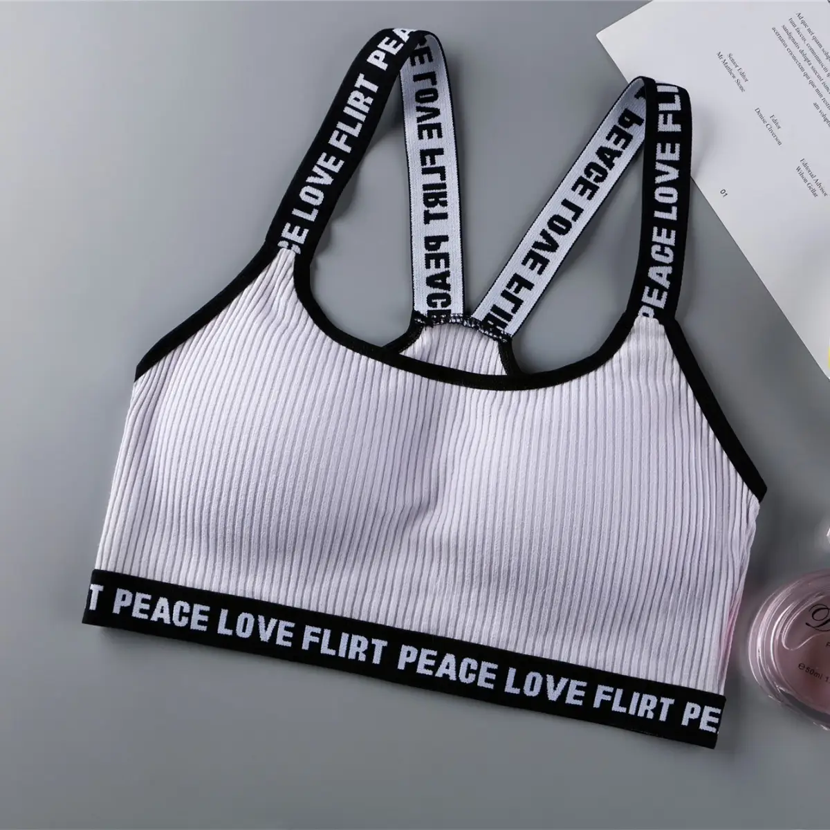 peace love flirt sports bra