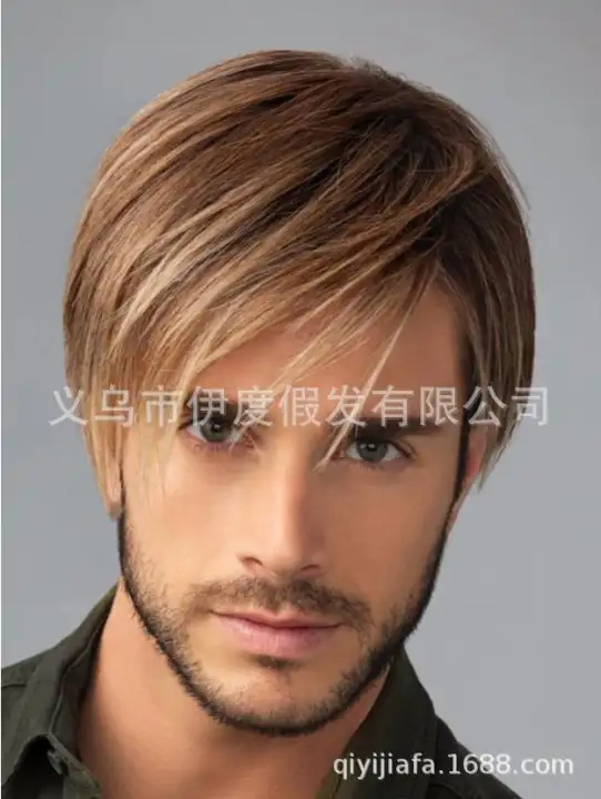 Fashion Wig Men S Golden Brown Oblique Bangs Short Straight Hair Chemical Fiber Headgear