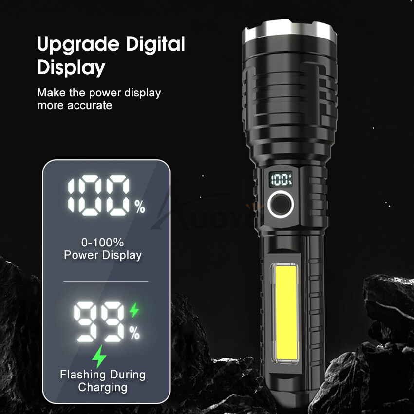 Auoyo White Laser Flashlight Outdoor Flashlight Telescopic Zoom Strong Light Multi-function Flashlight LED Power Display Charging Outdoor Flashlight Camping Outdoor Lamp Outdoor Waterproof Torchlight