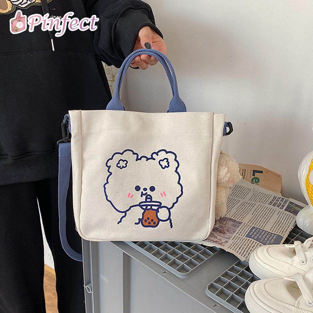 [Pinfect] Fashion Korean Retro Bear Rabbit Cartoon Canvas Shopping Bag Women Casual Shoulder Bag Travel Handbag Totes