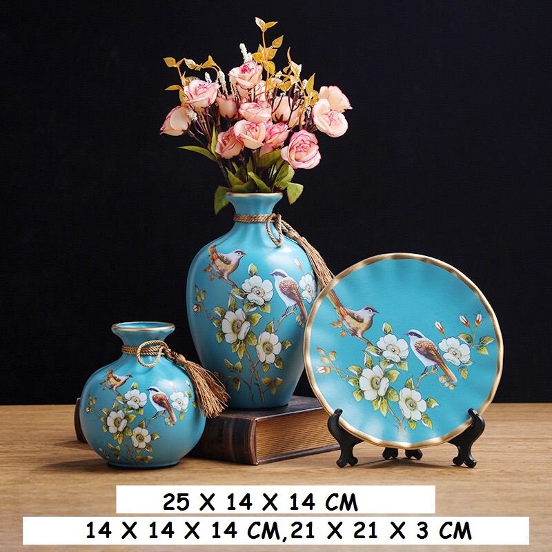 （3Pcs）European Ceramic Vase Dried Flowers Flower Arrangement Wobble Plate Living Room Entrance Ornaments Home Decorations