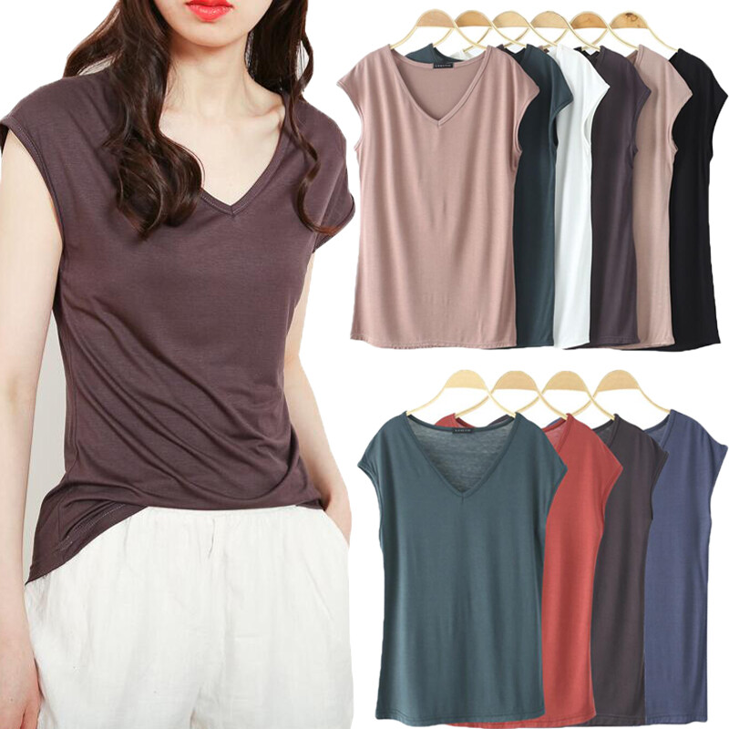 Yingbao M-2XL T shirts for Women Home Wear Summer Sleeveless Shirt Bamboo Fiber V-neck Top Plain White Pink Modal Cotton Black Dark Blue Green Ladies Slim Tshirt Korean Style