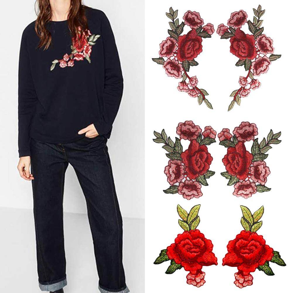 1 Pair Roses Flowers Embroidery Iron On Patches Sewn Applique Embroidered DIY Clothes
