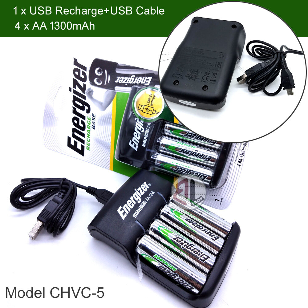 Official Energizer USB Recharge Base CHVC5 & Includes 4x AA