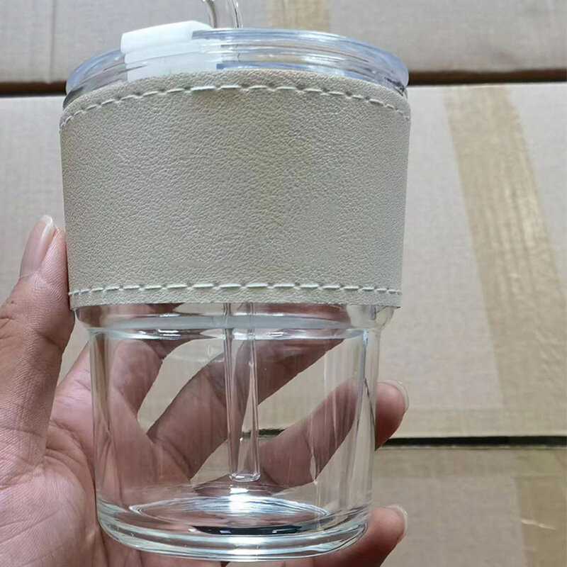 JJT Portable coffee mug, glass cup, glass of water 450ml, minimalist style coffee mug with glass tube, lid, heat resistant leather cover with sleeve, minimal glass and straw, water jug, cute mug, school mug, water mug, coffee mug, leather sleeve heat prot