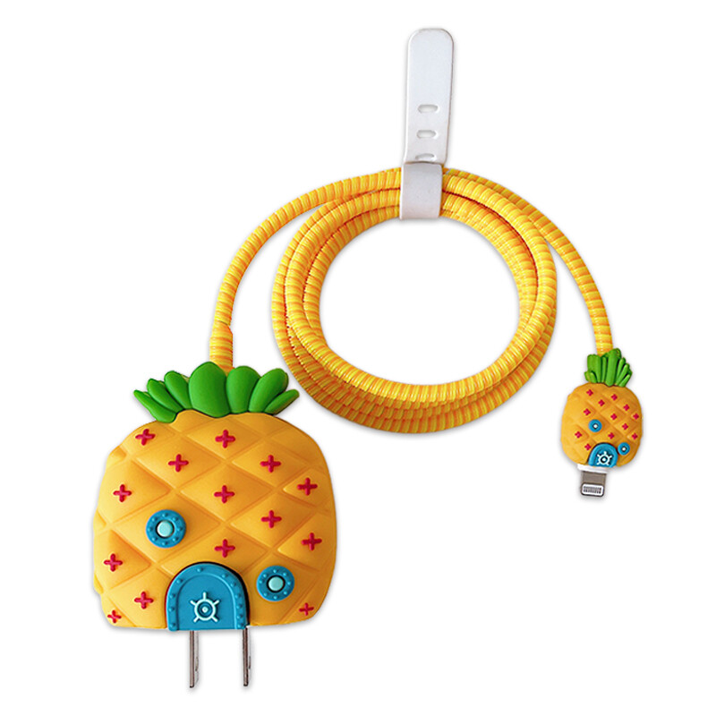 Cartoon Cute Pineapple House Cable Protector for Apple 18W 20W Charger Data Line Cover Sleeve Whole Set with Cable Bite Cable Mobile Phone Charger Head Protection Case