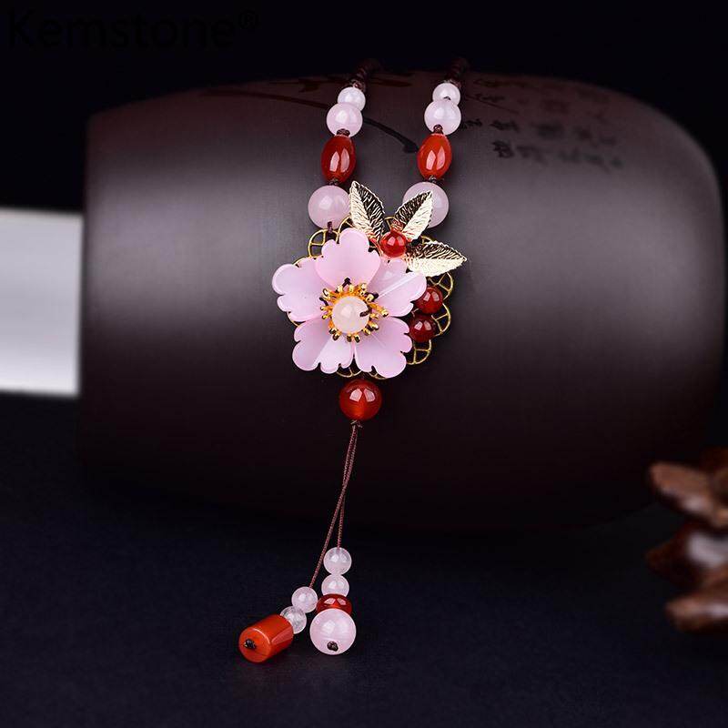 Kemstone Classical Flower Bead Pendant Necklace Long Sweater Chain for Women