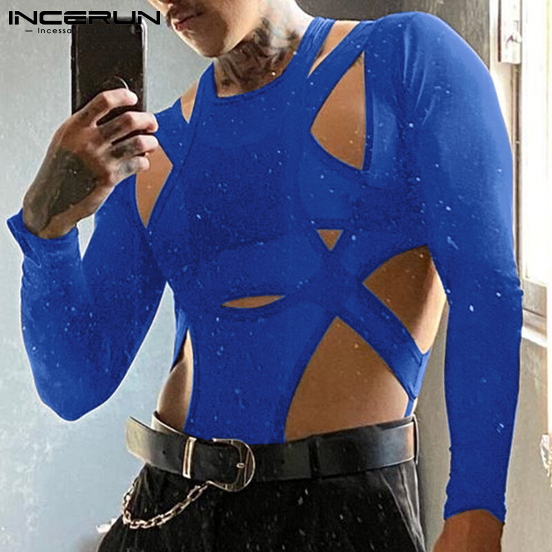 INCERUN Mens Long Sleeve Hollow Out Singlet Wrestling Bodysuits Vests T Shirt Panties
