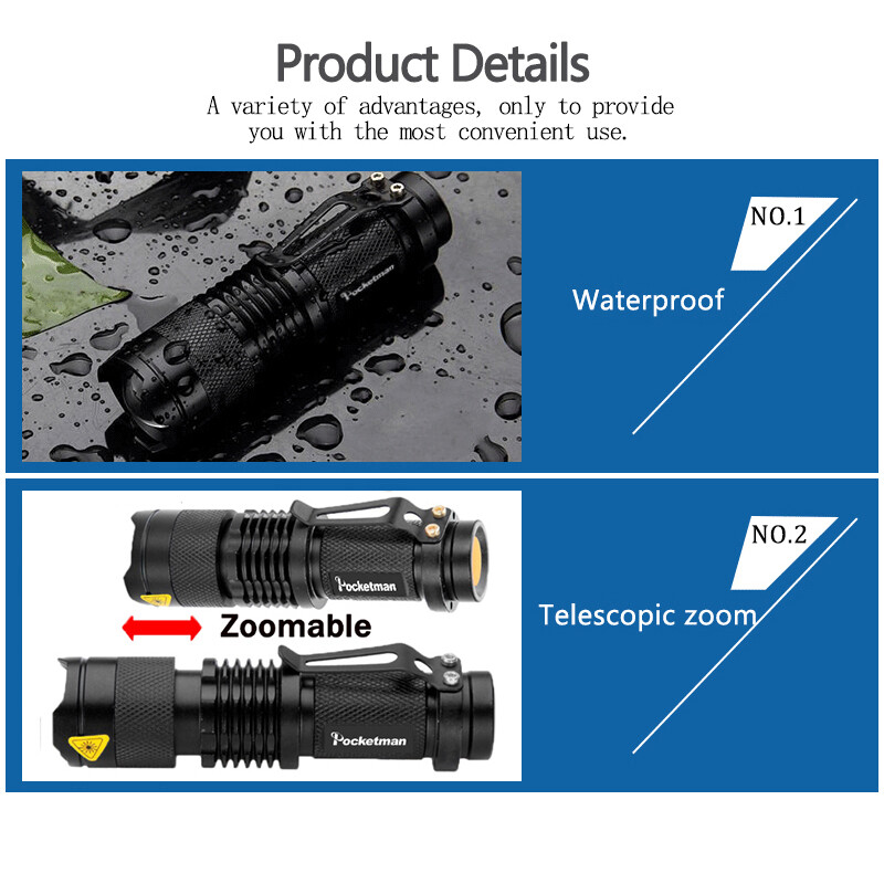 Original T6 Rechargeable Flashlight Waterproof Bright Mini L2 LED Flashlight Q5  LED Torchlight Adjustable Focus Zoom Outoor Flash Light Lamp Use 14500 or 18650 For Camping bicycle light Ultra Bright flashlight