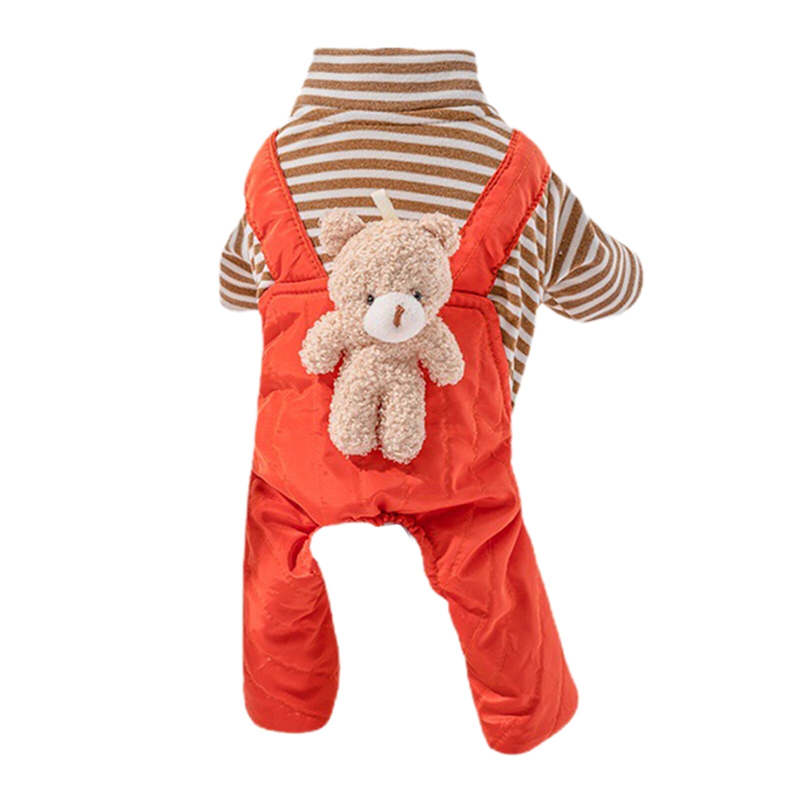 Pet Jumpsuit Super Soft Button Closure Cartoon Design Stripe Pattern Windproof Keep Warm Acrylic Fibers Winter Warm Four-Legged Pet Clothing with Bear Decor Pet Supplies