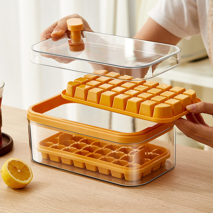1Pc One-button Press Type Ice Mold Box Plastics Ice Cube Maker Ice Tray Mold With Storage Box With Lid Bar Kitchen Accessories