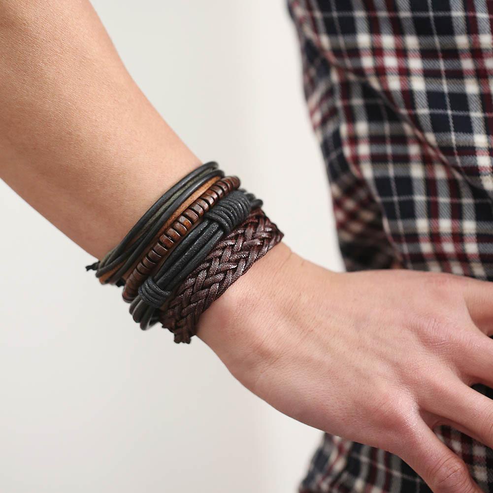1 Bộ Vòng Tay Đan Dây Nhiều Lớp Phong Cách Punk Cho Nam, Phụ Kiện Vòng Đeo Tay Bằng Da PU