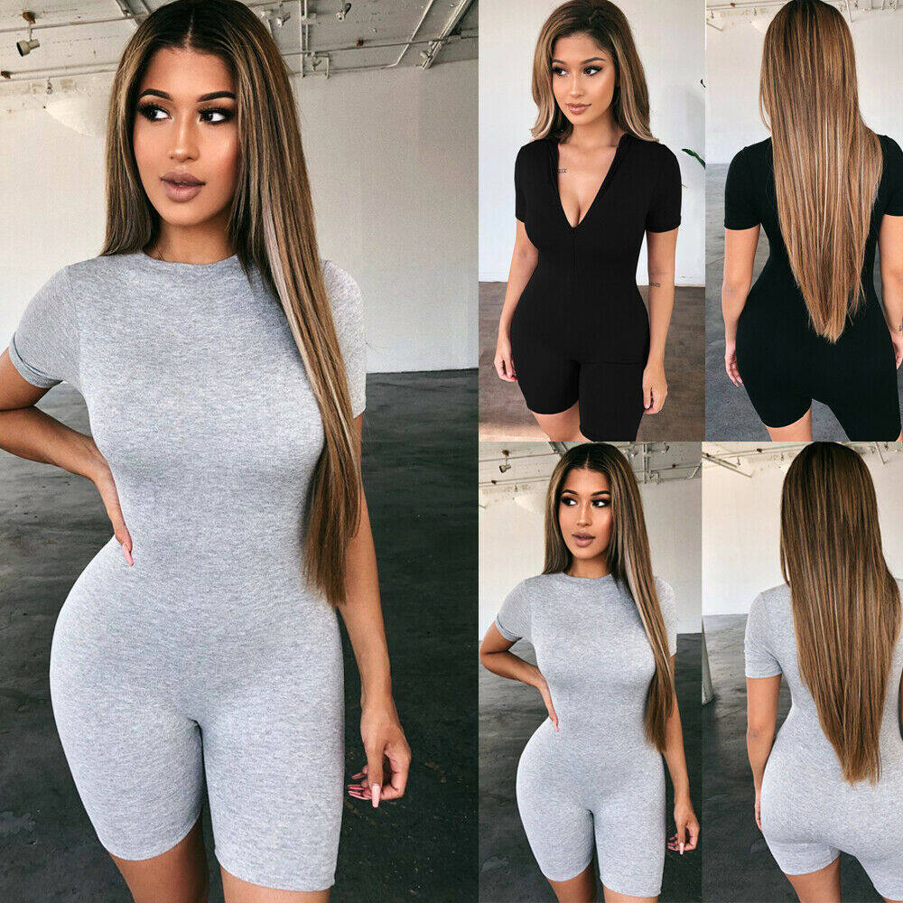 Women Ladies Short Sleeve Bodysuit Romper Stretch V Neck Leotard Body Solid Tops Jumpsuits Playsuits