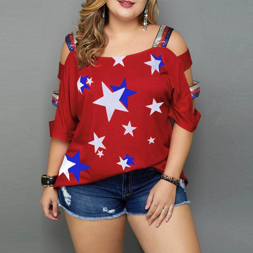 Ukuran Ukuran Besar Musim Panas Blus Wanita Plus Ukuran Kasual Bendera Cetak Off Bahu Sling Lengan T-shirt T baju Kaos Kemeja Tshirts untuk Wanita