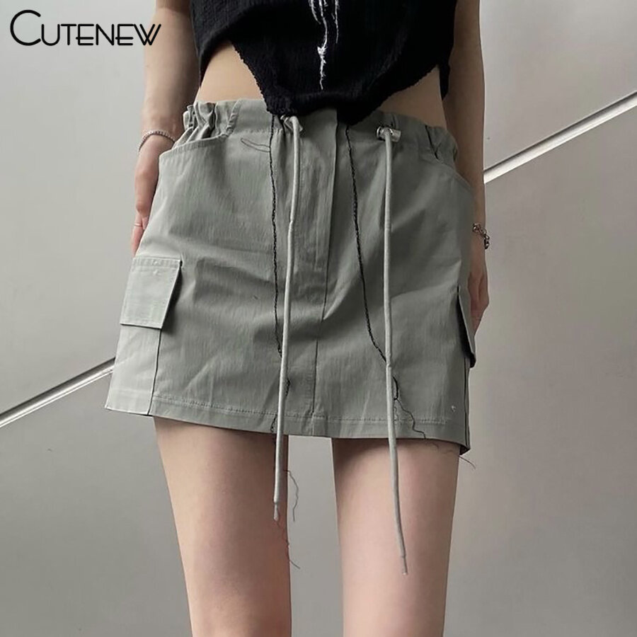 Cutenew Thời Trang Mát Mẻ phong cách đường phố Womens đàn hồi cao dây rút eo Mỏng Mini chân váy chữ A Đồng Bằng Giản Dị ĐẦM MÙA HÈ