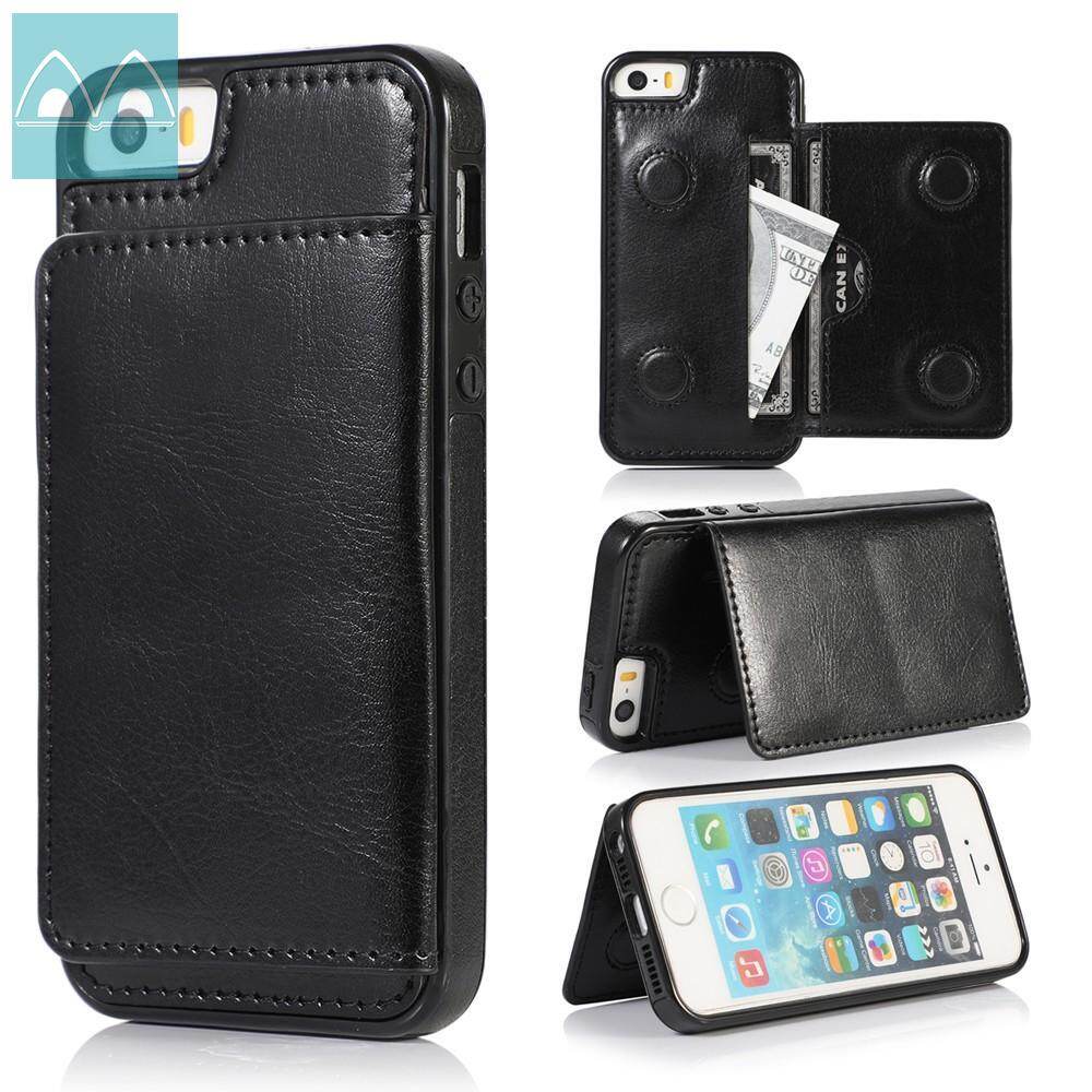 Case For iPhone 5 5S SE 6 6S 7 8 Plus X XR XS Max Double Magnetic Button Design Retro Leather Flip Card Slots Shockproof Cover Casing