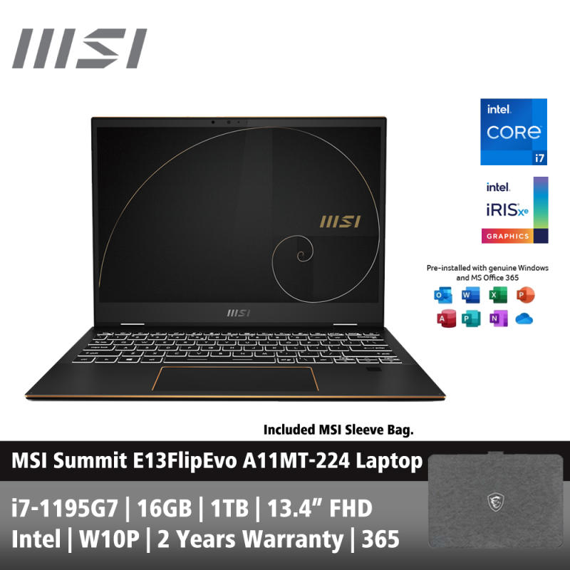 MSI Summit E13FlipEvo A11MT-224 13.4 FHD Laptop Ink Black ( i7-1195G7, 16GB, 1TB SSD, Intel, W10P, 365 ) Malaysia