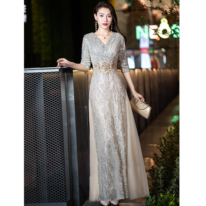 EAGLELY Dinner Gown Sequins Glitter Bling Bling Dinner Dress Evening 