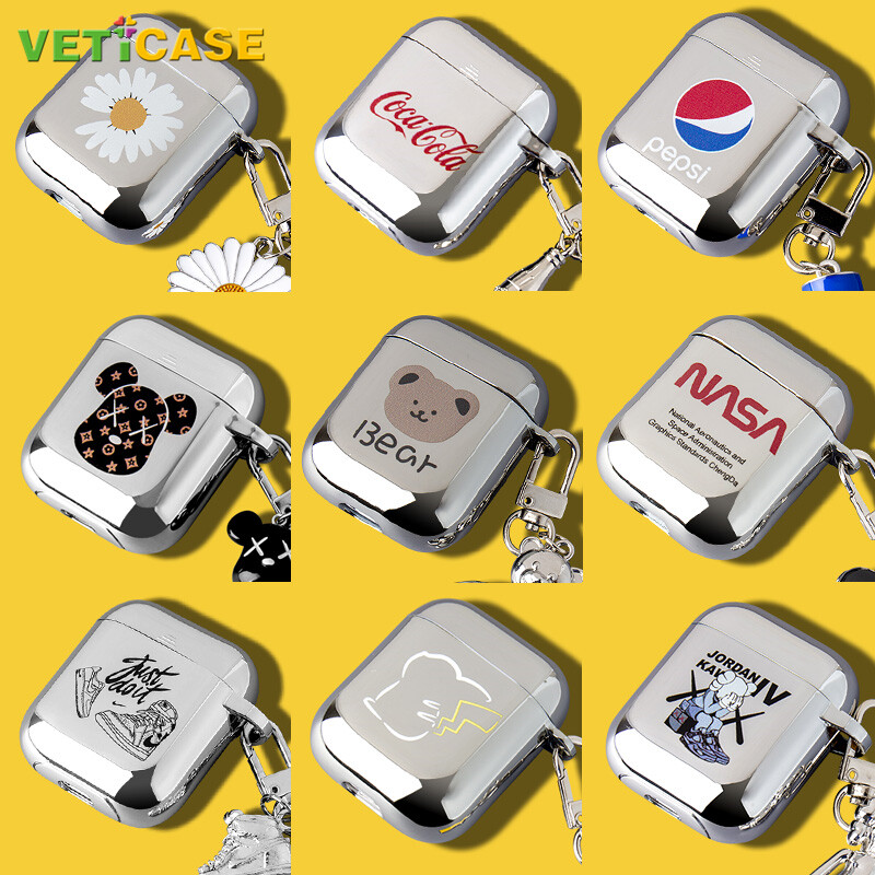 Plating Daisy AJ Logo Earphone Case for Apple AirPods Pro AirPods 1 2 3 New Silicone Soft Cover Headphone Air Pods Casing Pouch Protective AirPod Accessories Yellow White Black Silver