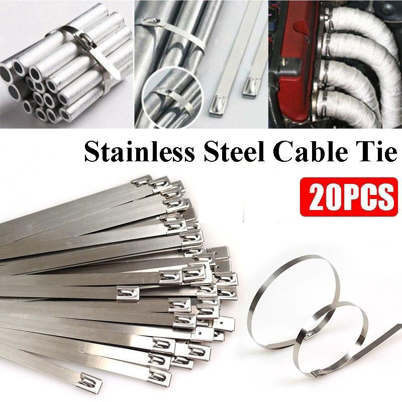 20pcs 150/200/300mm Strong Stainless Steel Marine Grade Metal Cable Ties Zip Tie Cord Wraps Exhaust Exhaust Wrap Coated Locking
