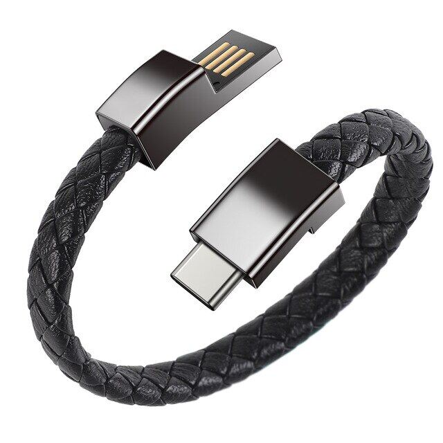 Short USB Data Cable For iPhone 13 14 12 11 Pro Max X Leather Bracelet Charger Cable for Micro USB Type C Portable Fast Charging USB Cord Wire, Data Transfer.