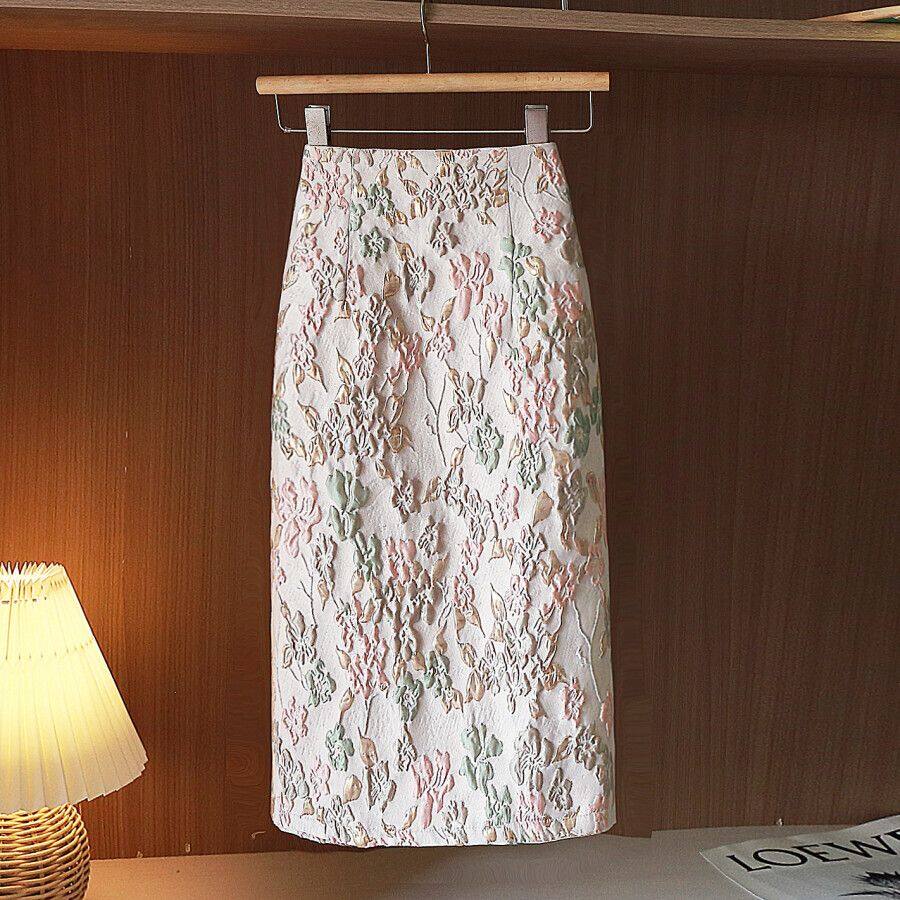 Embossed Jacquard Skirt Early Autumn New Women's Fashion Bag Hip Skirt Slim Slim Mid Length Skirt High Waist Split Skirt