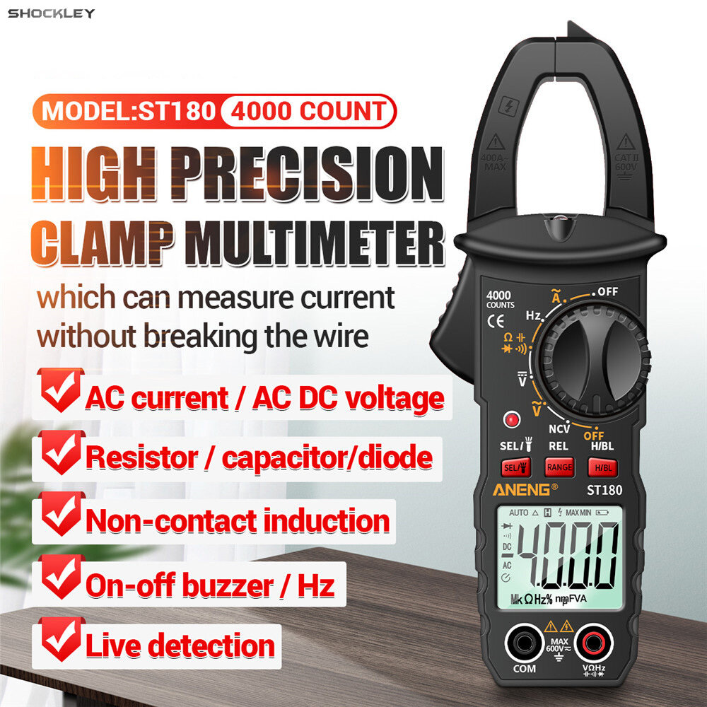 Shockley Digital Clamp Meter Multimeter Tester 4000 Counts Amp Ohm Volt Meter Measures AC Current AC/DC Voltage Capacitance Resistance