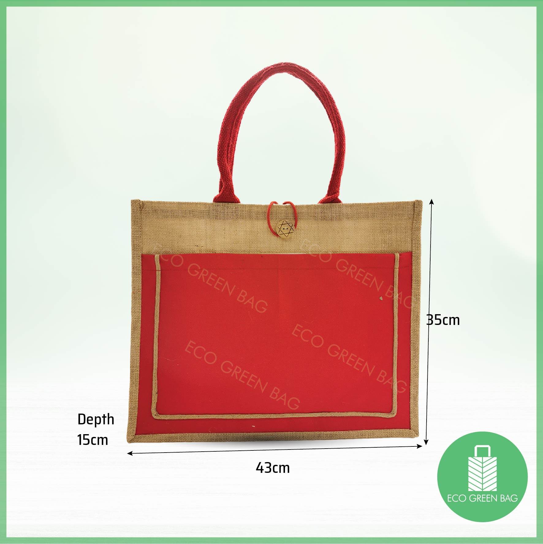 Jute Bag Large with Colour Canvas Pocket and Button A3 Beg Jute Besar