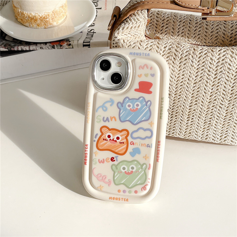 High Quality Electroplating Case for IPhone 11 12 13 14 Pro Max Casing Cute Cartoon Colorful Graffiti Monster Back Cover Couple Shockproof Phone Case