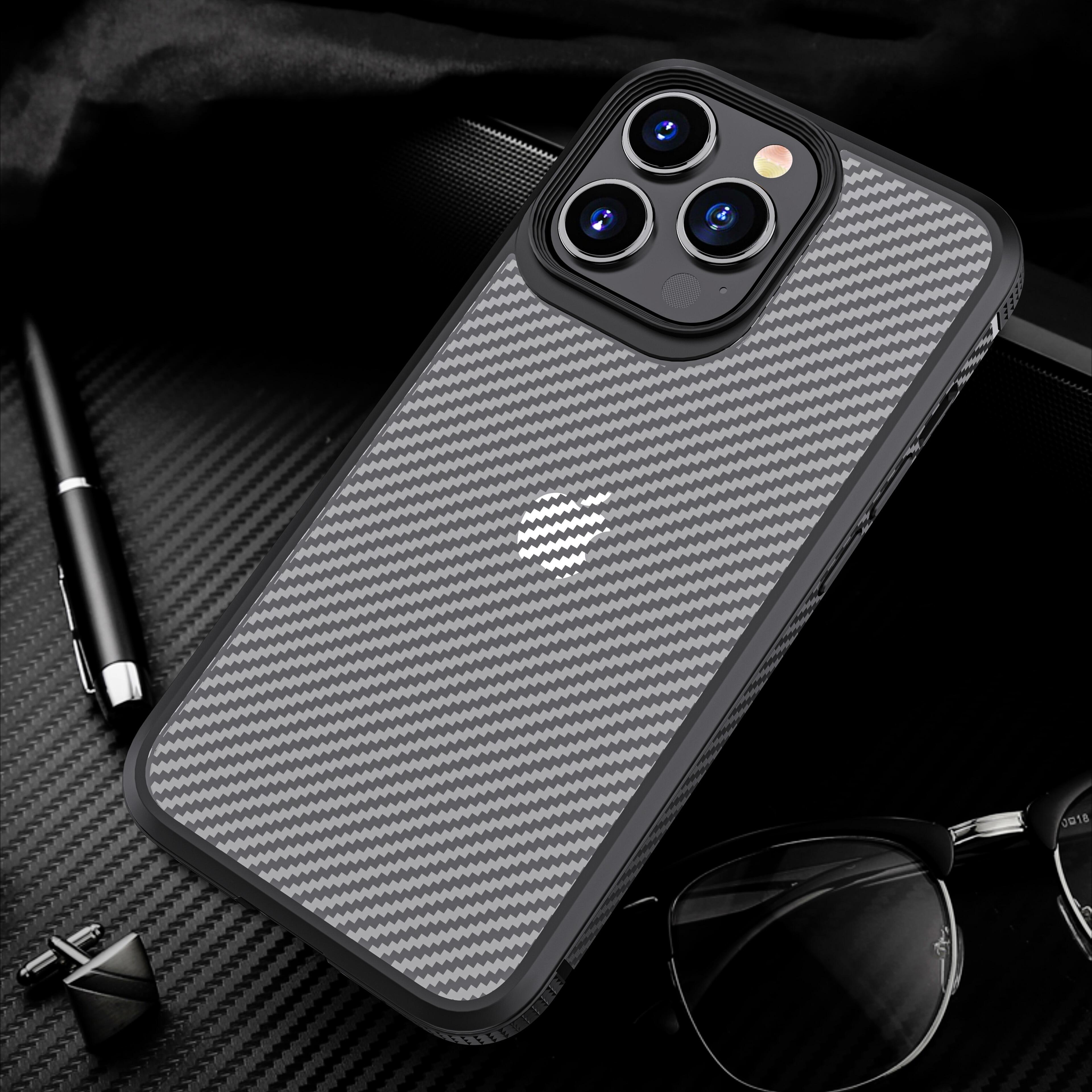 for iPhone 15 Pro Max Case Carbon Fiber Pattern Half Transparent Hard Back Shockproof Case for iPhone 14 Pro Max, 11/12 Pro Max,13 Pro Max Case