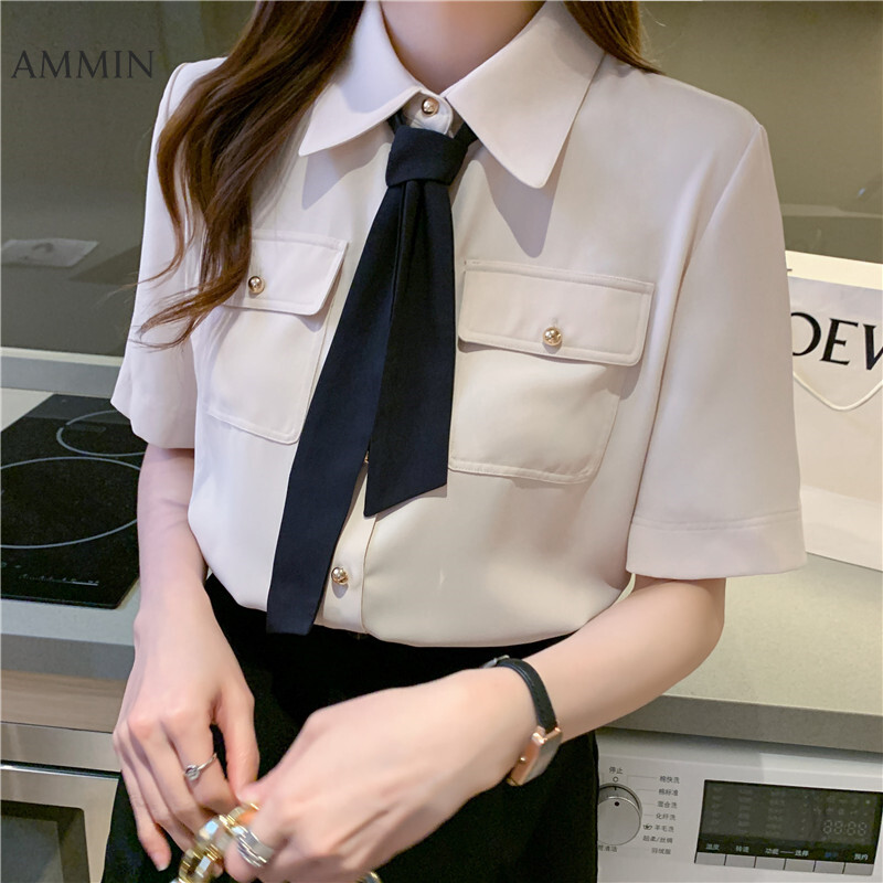 AMMIN Tops 2023 summer new fashion tooling style lapel streamer short-sleeved chiffon shirt women's personality double-pocket design sense of professional wear single-breasted women's blouse