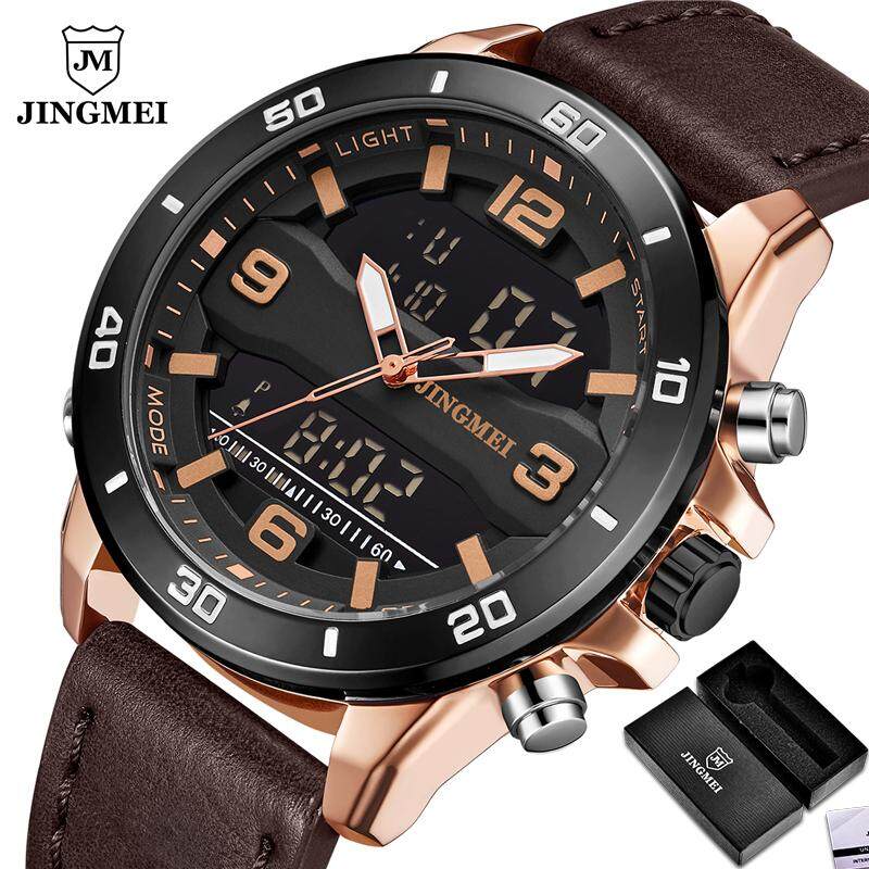 Jingmei Pria Menonton Atas Merek Mewah Mode Tali Kulit LED Digital Kronograf Menonton Pria Kasual Olahraga Tahan Air Kuarsa Menonton Militer Multi-fungsi Tampilan Ganda Pria Menonton
