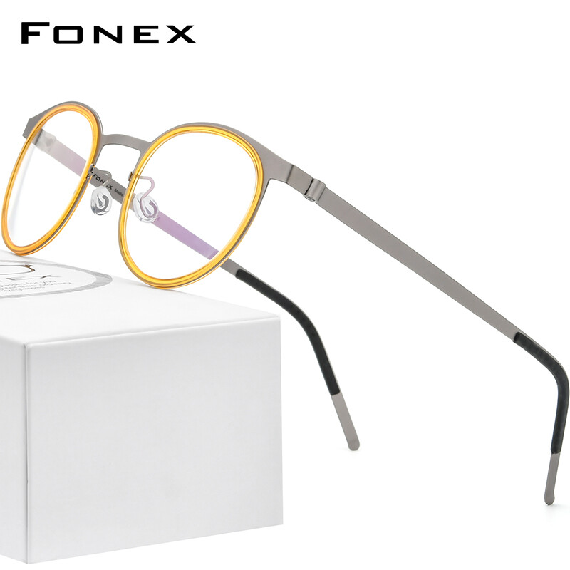 FONEX Acetate Alloy Glasses for Men and Women 2022 New Retro Vintage Round Optical Frames Eyeglasses Ultralight Korean Style Screwless Eyewear 98625