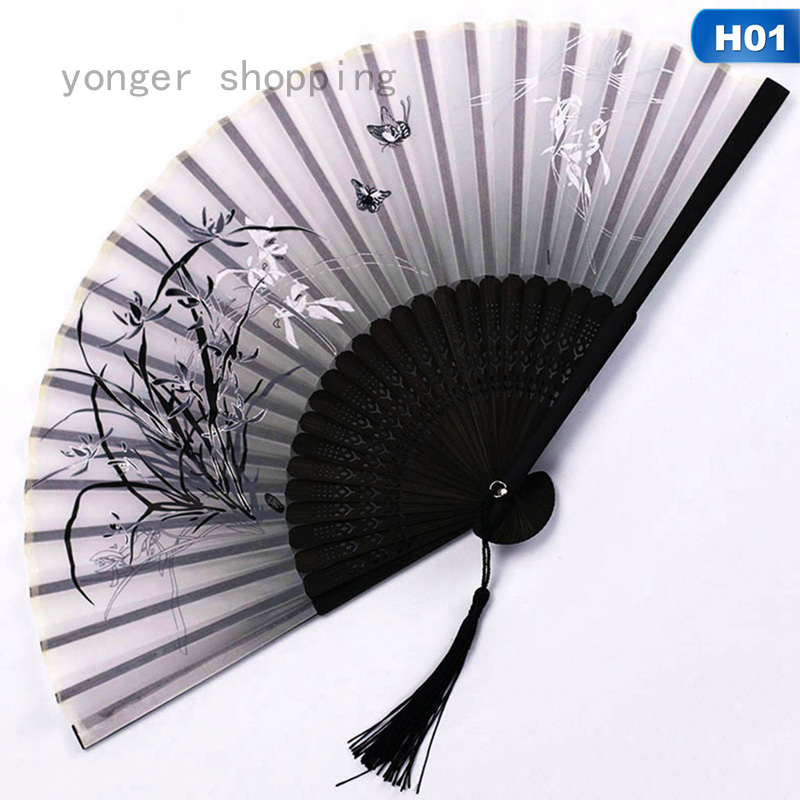 Yonger Vintage Bamboo Folding Hand Held Flower Fan Chinese Dance Party ...