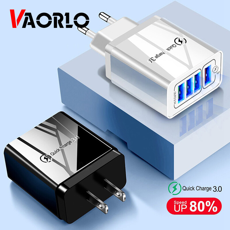 VAORLO Quick Charge 3.0 Wall Charger 4 Port USB Fast US EU Charger Wall Charger 18W USB Adapter For Xiaomi Huawei iPhone