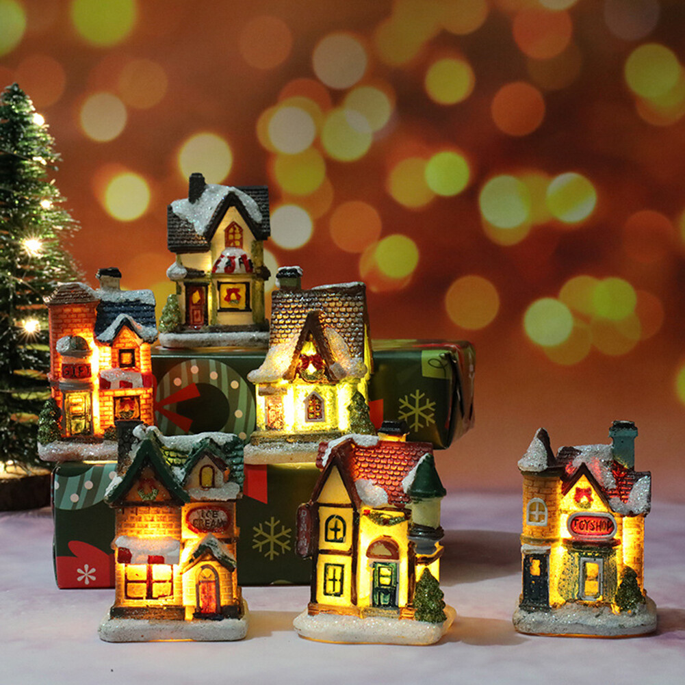 Luminous Resin Mini Christmas House Model Figurine DIY Landscape Home Xmas Decor