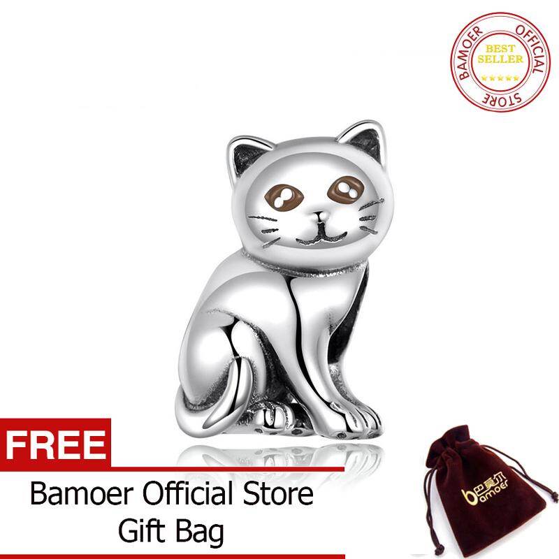 BAMOER Cute Baby Cat Metal Beads Charm for Women European Luxury Bracelet 925 Sterling Silver Fashion Jewelry SCC1305