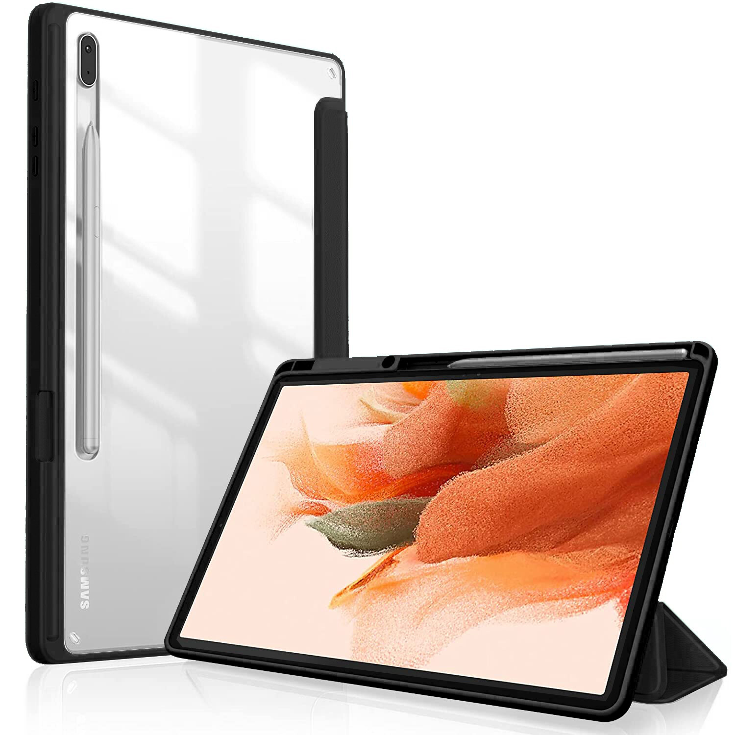 Hybrid Clear Case for Galaxy Tab S9 Plus 2023, Tab S9 FE Plus, Tab S8 Plus/S7 FE/S7 Plus, Shockproof Back Cover Trifold Stand Auto Wake/Sleep Smart Flip Cover for Samsung Tab A9 Plus, Tab S8/S7, S6 Lite