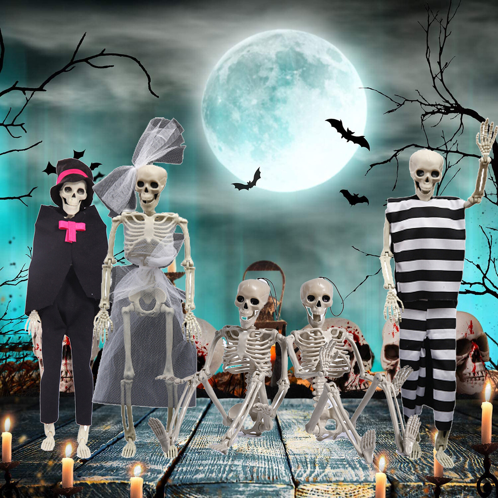 Microgood 2 cái khớp cử động trang trí bộ xương Halloween 40cm posable sống động như thật mô hình bộ xương đạo cụ ngôi nhà ma ám trước bãi cỏ trong nhà/ngoài trời Nghĩa địa trang trí