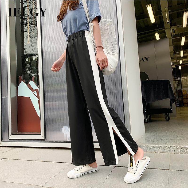 IELGY wide-leg pants slit stripes slim straight high waist contrast color cropped trousers Casual pants loose