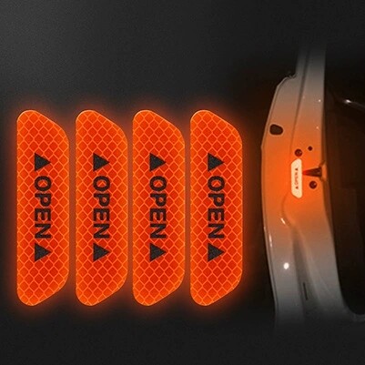 [4pcs Car Door Safety Warning Stickers Reflective Decorative Decals Open Logo Emblems Accessories,4pcs Car Open Stickers,]