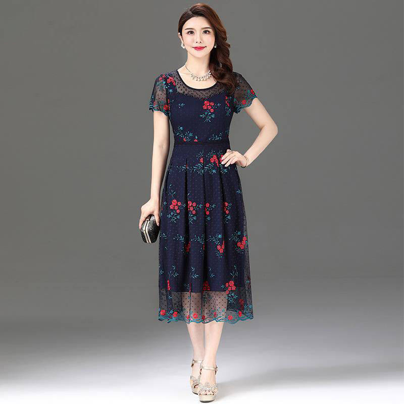 Blue Women Lace Embroidery Dress 2023 Summer Short Sleeve Women Elegant Dresses New Mesh Lace Embroidery Mother Dress Shrouded Skirt