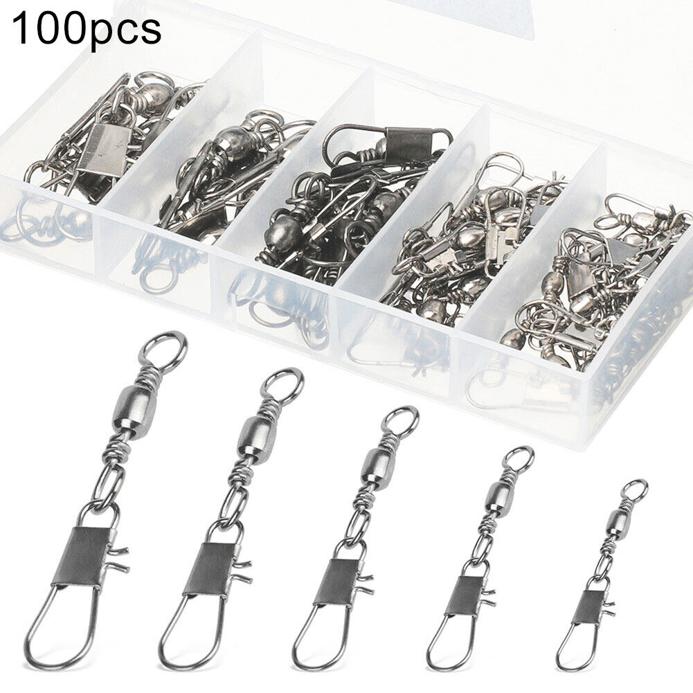 Ghxdryuru 50/100Pcs Fish Rolling Ball Bearing Barrel Swivel with Safty Snap Connector