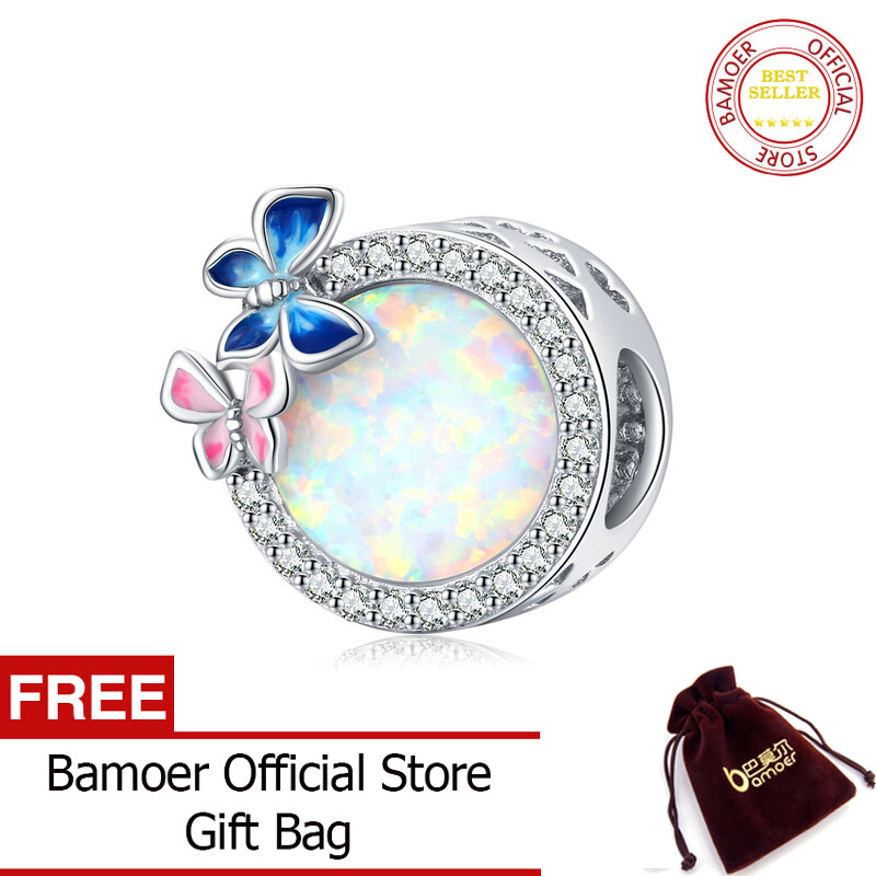 BAMOER Opal Rround Bead 925 Sterling Silver Butterly Spring Charm fit Women Charm Bracelets Bangle DIY Stone Jewelry SCC1730