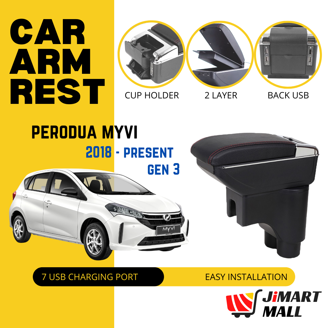 PERODUA MYVI 2017 GEN 3 CAR ARMREST CUSTOMADE 2 LAYER USB PORT Cup Holder Hand Arm Rest Charger