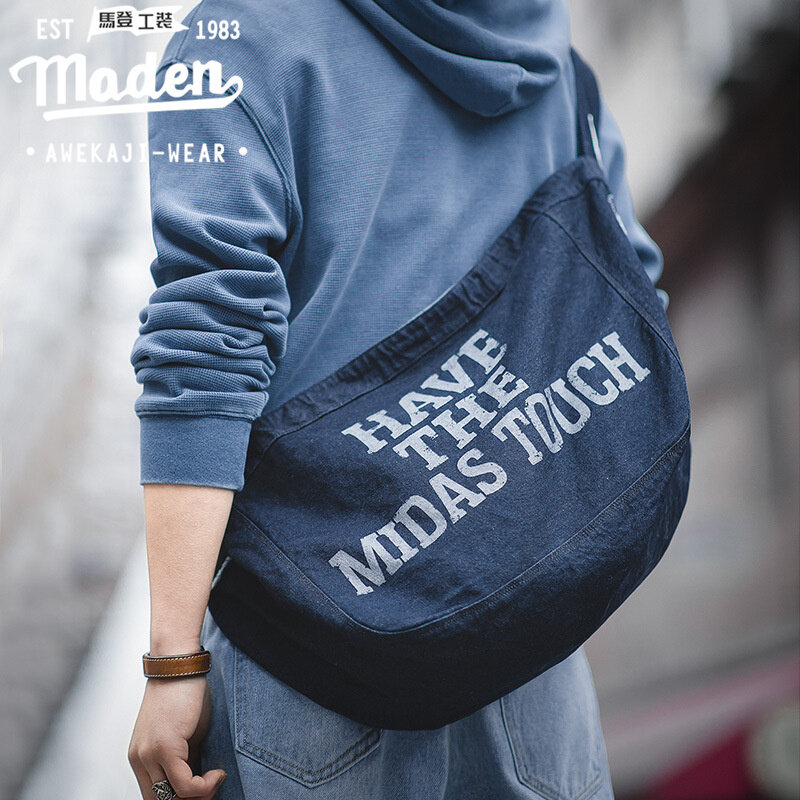 Maden Thương Hiệu Túi Dụng Cụ Nam Retro Đơn Giản Đau Khổ In Túi Đựng Tài Liệu Hip-Hop Phong Cách Trường Học Khóa Màu Sẫm Được Giặt Túi Đeo Vai Nam