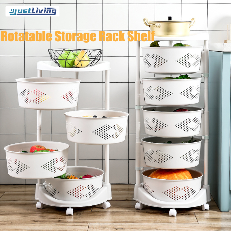 JustLiving 180° Rotatable Kitchen Storage Rack PP Corner Organizer Basket Rack Multi-Layer Kitchen Trolley Cabinet Racks Vegetable Shelf Storage Organizer Bathroom Shelves Shelf Holder