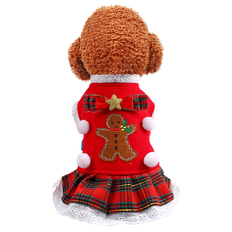 AuntieCindy Christmas Dog Coat Dog Dress Gingerbread Man Woolen Red Grid Lace Pleated Dog Dress with Bowknot and Shiny Star for Female Dog Shihtzu Teddy Chow Chow