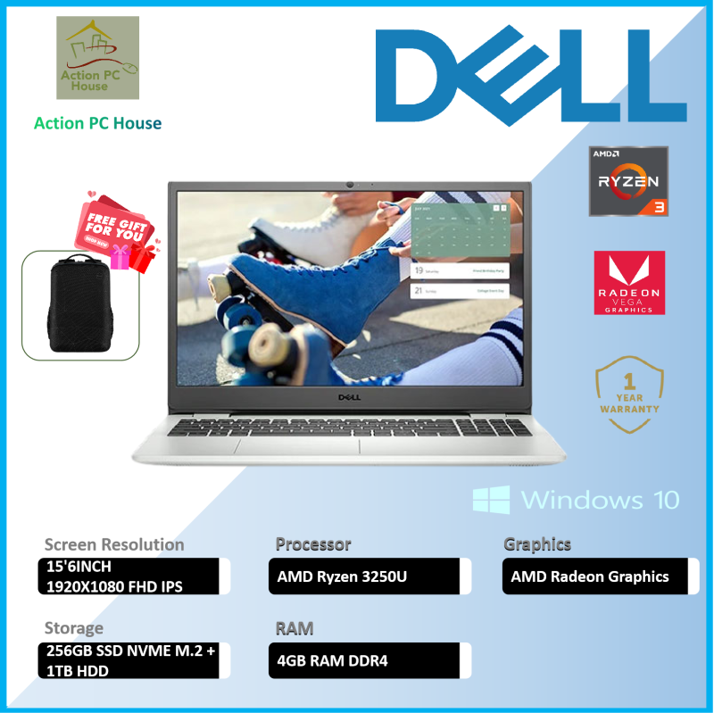 Laptop DELL INSPIRON 15 3505 AMD Ryzen 3-3250U with Radeon Graphics (2CX4T, Base Clock 2.6Ghz, Up to 3.5Ghz, 4M)/4GB/256GB SSD NVME M.2 + 1TB HDD/RADEON GRAPHICS/156 HD DISPLAY/WIN 10 HOME/FHD WEBCAM Malaysia