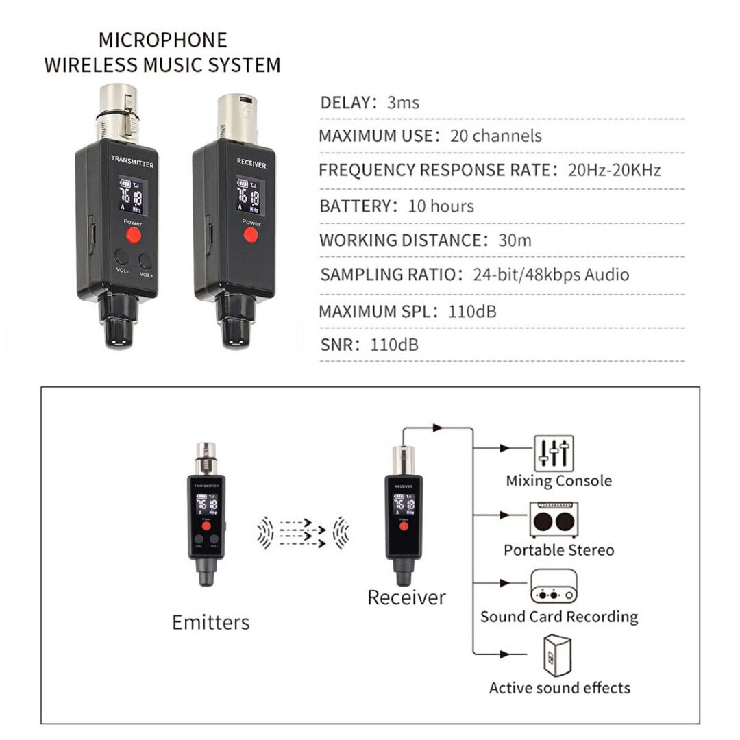 Cálido Speaker Microphone Wireless XLR Transmitter Receiver Rechargeable Adapter Built-in Double Antenna Compatible For Moving Coil Microphone /Mixer/Power Amplifier Speaker/ All microphones Except Capacitive Microphone Transmitter Switch 5V Power Supply